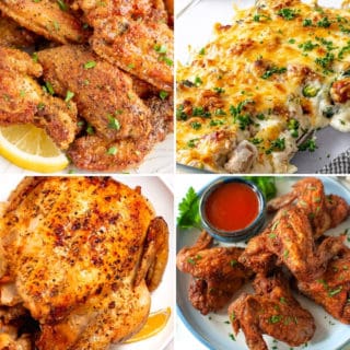 low carb chicken recipes like lemon pepper chicken wings, chicken alfredo bake, air fryer whole roasted chicken, and crispy air fryer wings