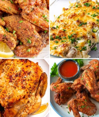low carb chicken recipes like lemon pepper chicken wings, chicken alfredo bake, air fryer whole roasted chicken, and crispy air fryer wings