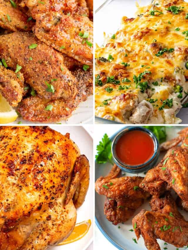 low carb chicken recipes like lemon pepper chicken wings, chicken alfredo bake, air fryer whole roasted chicken, and crispy air fryer wings