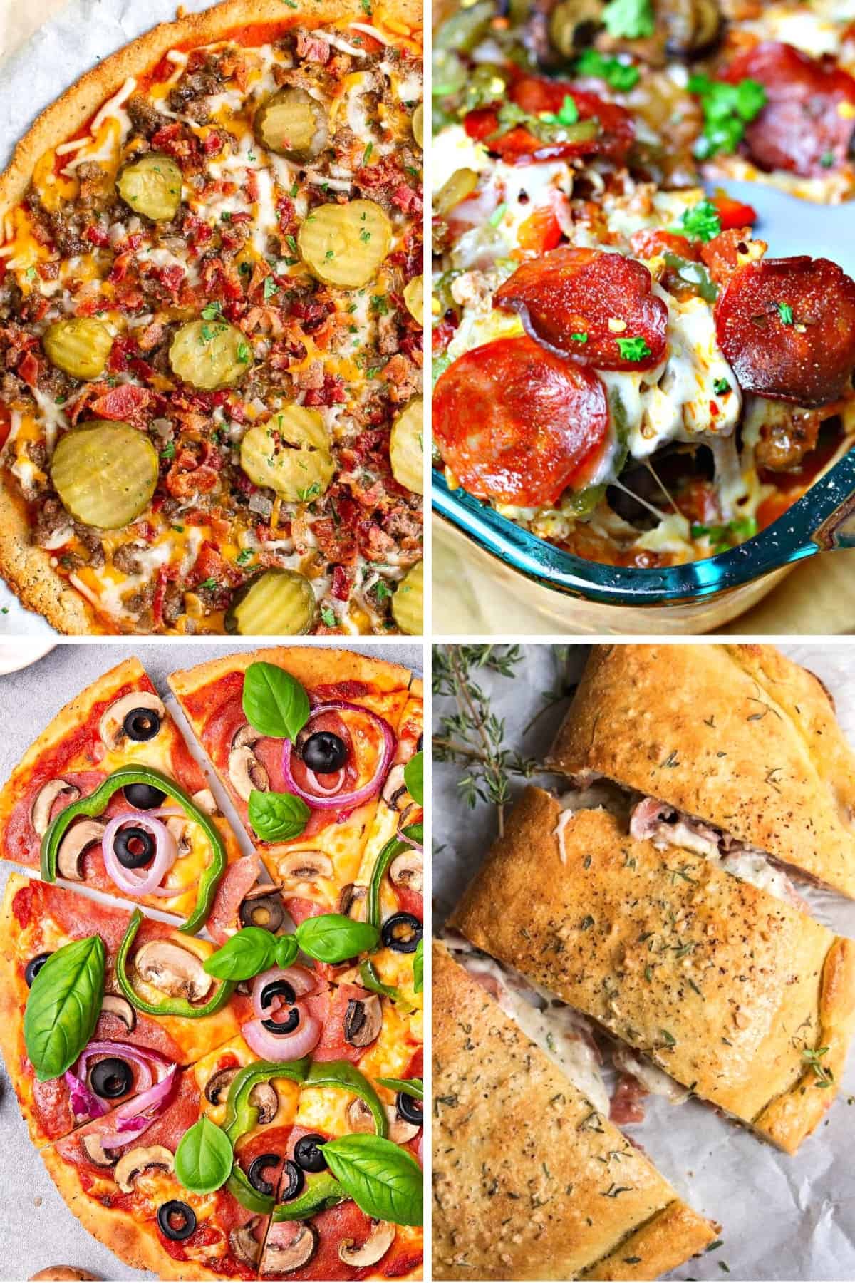 collage of low carb pizza recipes and low carb pizza takeout options