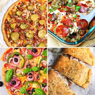 collage of low carb pizza recipes and low carb pizza takeout options