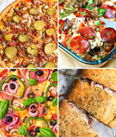 collage of low carb pizza recipes and low carb pizza takeout options