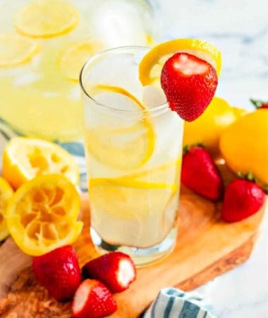 a glass filled with lemonade