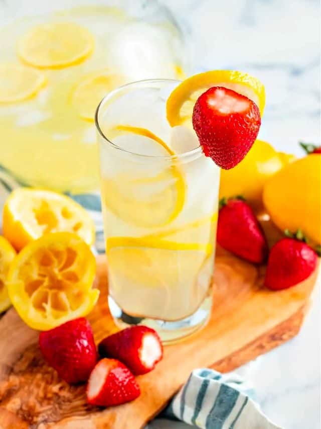 a glass filled with lemonade