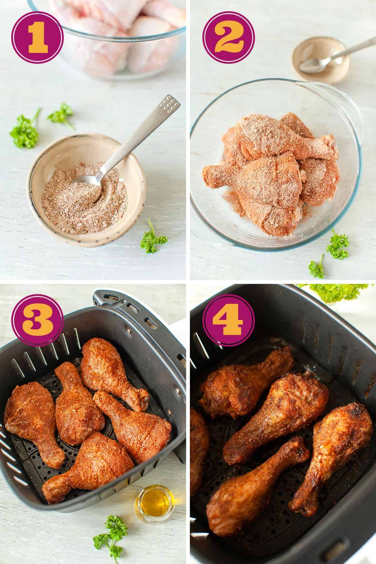 Four number images: first, a spice blend with a spoon in it, with parsley surrounding it; second, raw chicken legs in a mixing bowl covered in a spice blend; third, uncooked season chicken legs in an air fryer basket; and fourth, cooked air fryer chicken legs in the air fryer basket.