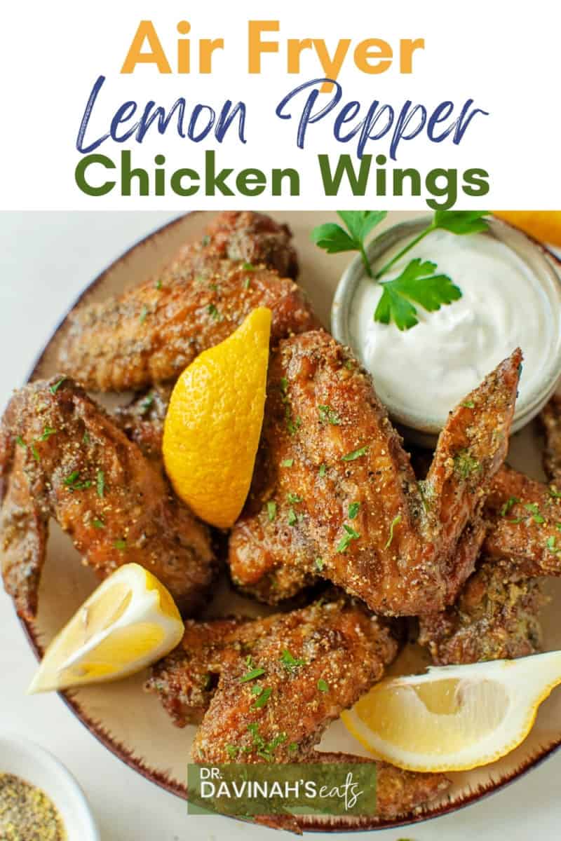 pinterest image for air fryer lemon pepper chicken wings recipe