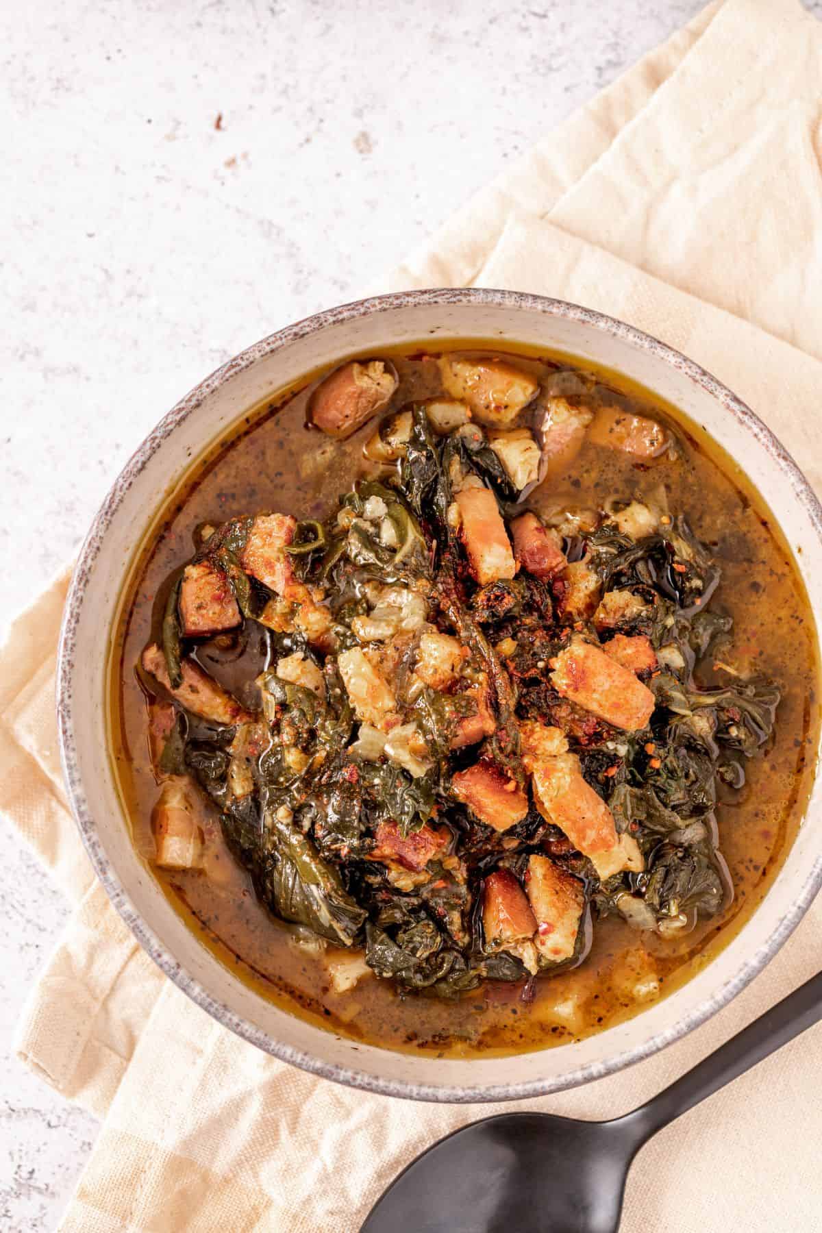 Collard Greens with Bacon on a large bowl
