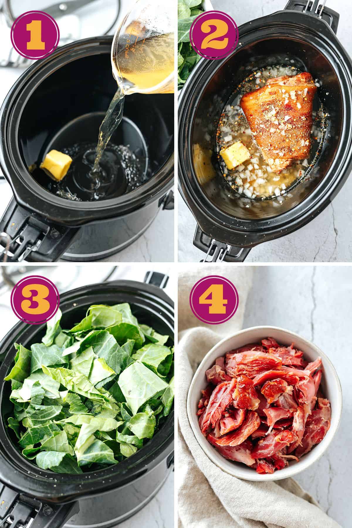 step-by-step instructions for how to make Crockpot Collard Greens with ham hocks