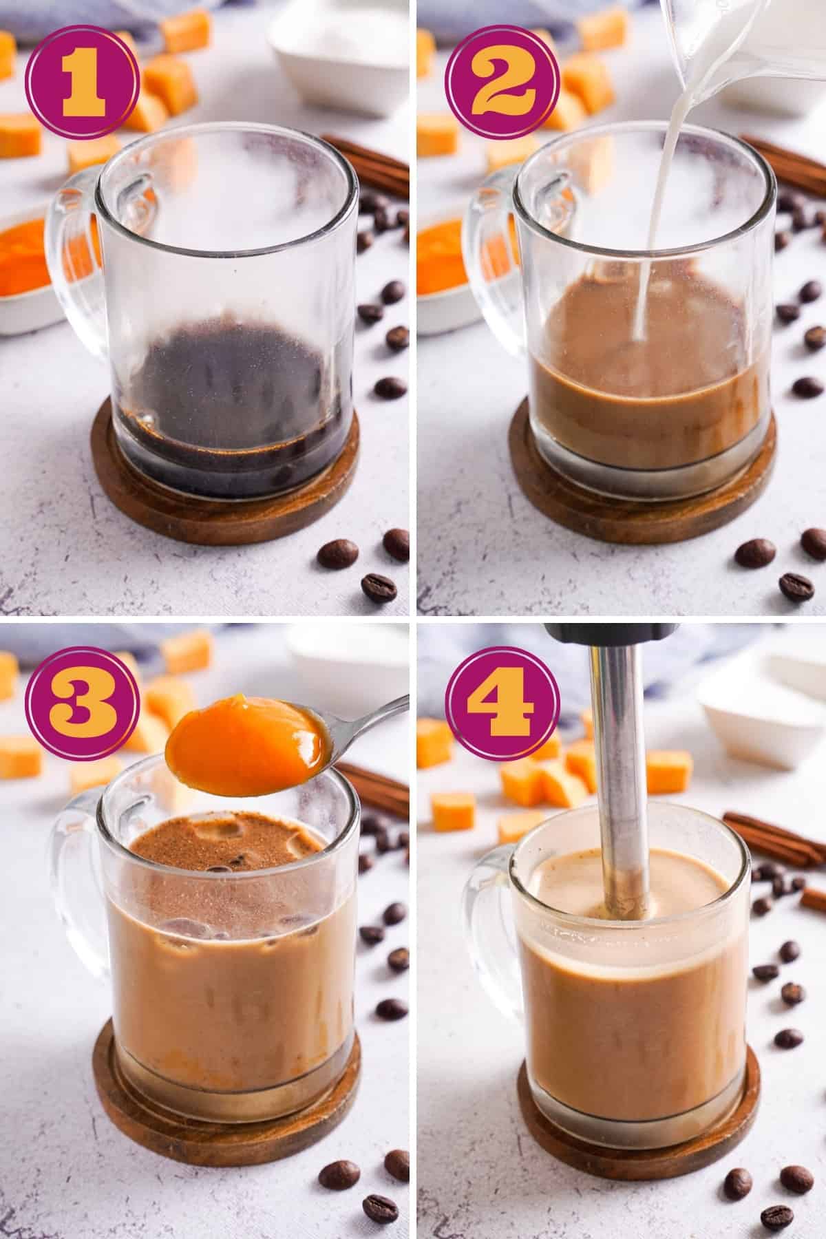 step-by-step instructions for hoe to make Keto Pumpkin Spice Latte with Pumpkin Puree and coffee