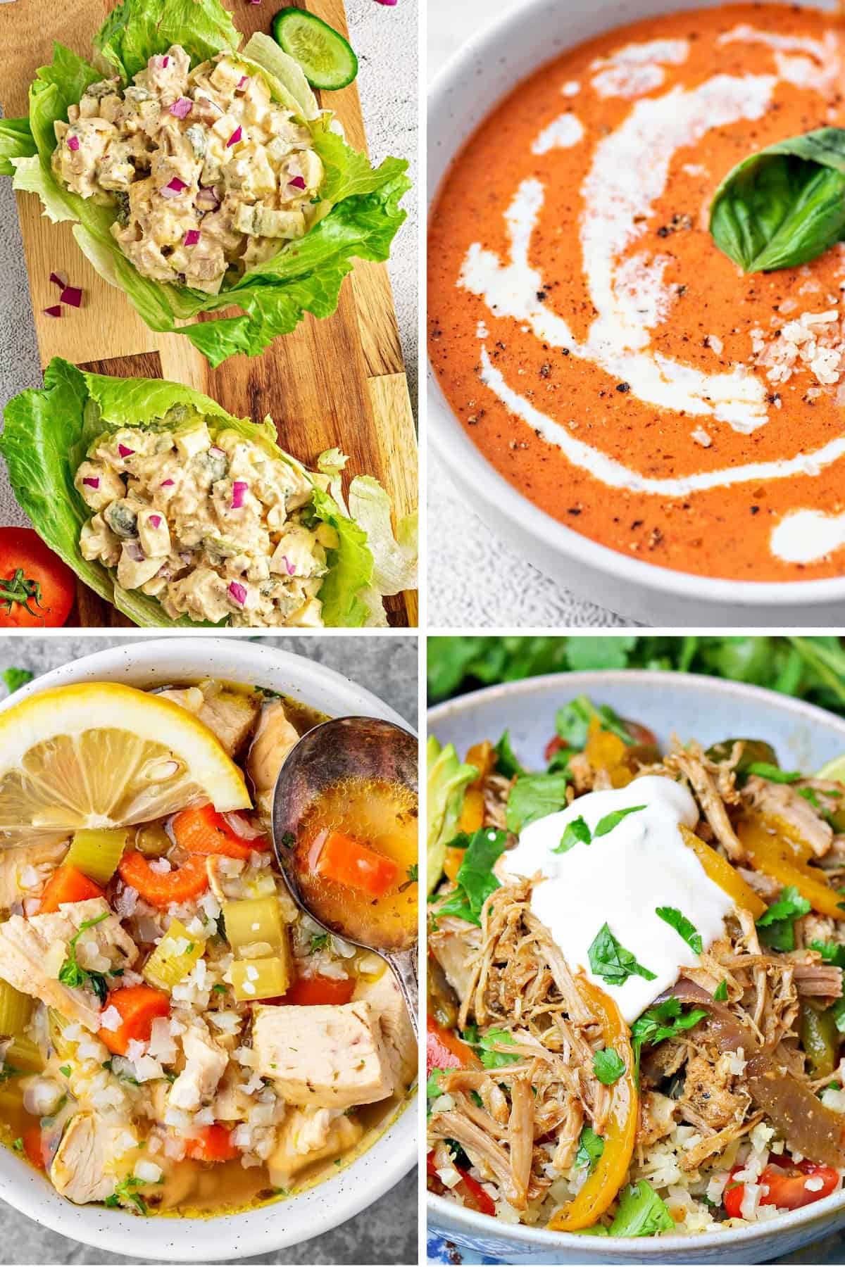 low carb lunch ideas like salad, wraps, bowls, and soups