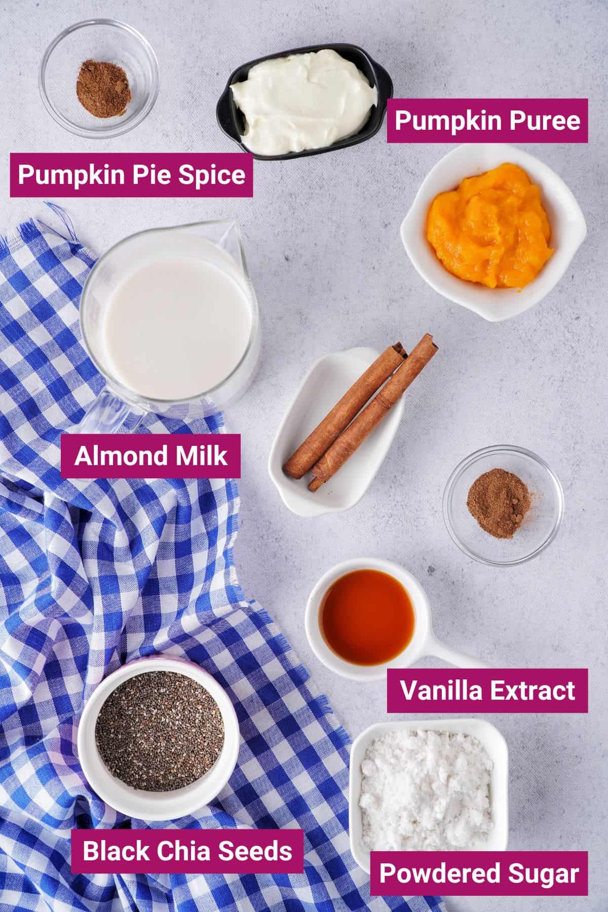 ingredients needed to make keto pumpkin chia pudding like pumpkin pie spice, pumpkin puree, almond milk, vanilla extract, powdered sweetener, and black chia seeds in separate bowls.