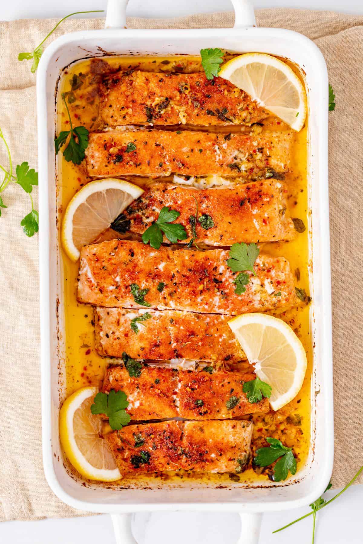 baked salmon on a rectangular baking dish