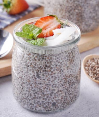 close up of chia seed pudding with coconut milk