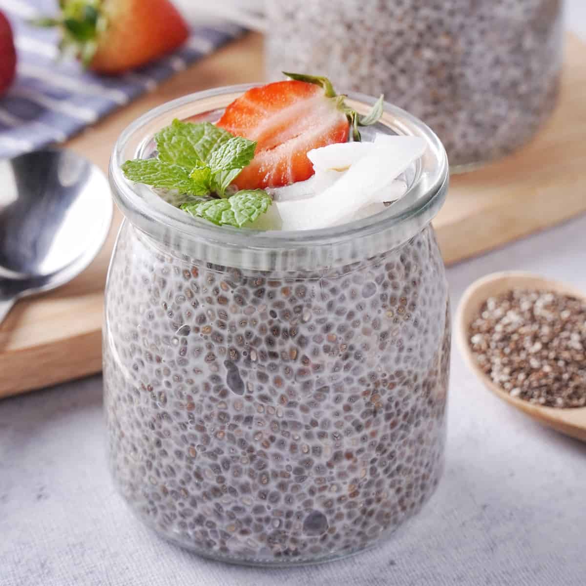 close up of chia seed pudding with coconut milk