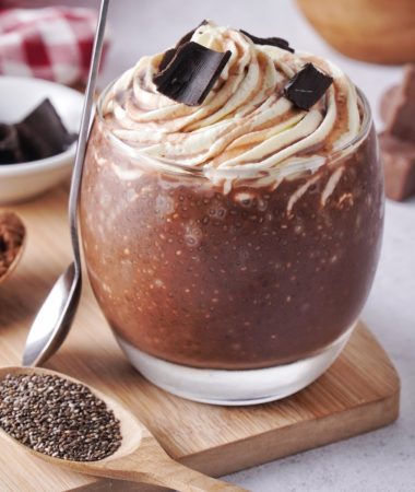 chocolate chia seed pudding in a glass jar