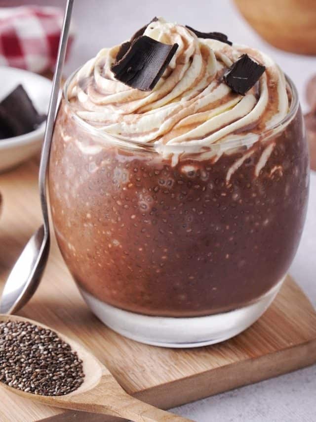 chocolate chia seed pudding in a glass jar