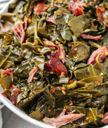 pressure cooker collard greens with smoked turkey necks in a bowl