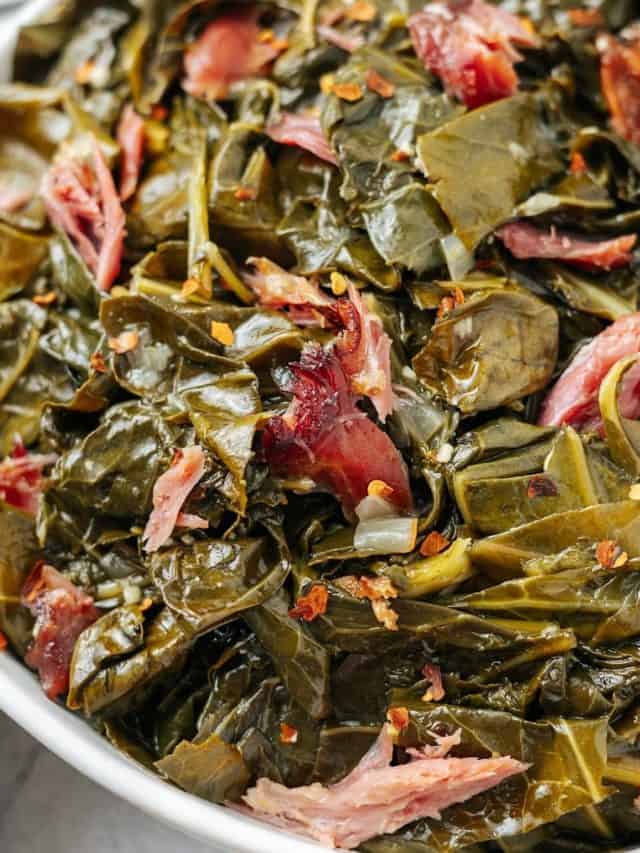pressure cooker collard greens with smoked turkey necks in a bowl