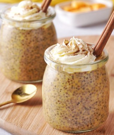 pumpkin pie chia seed pudding in glass jars