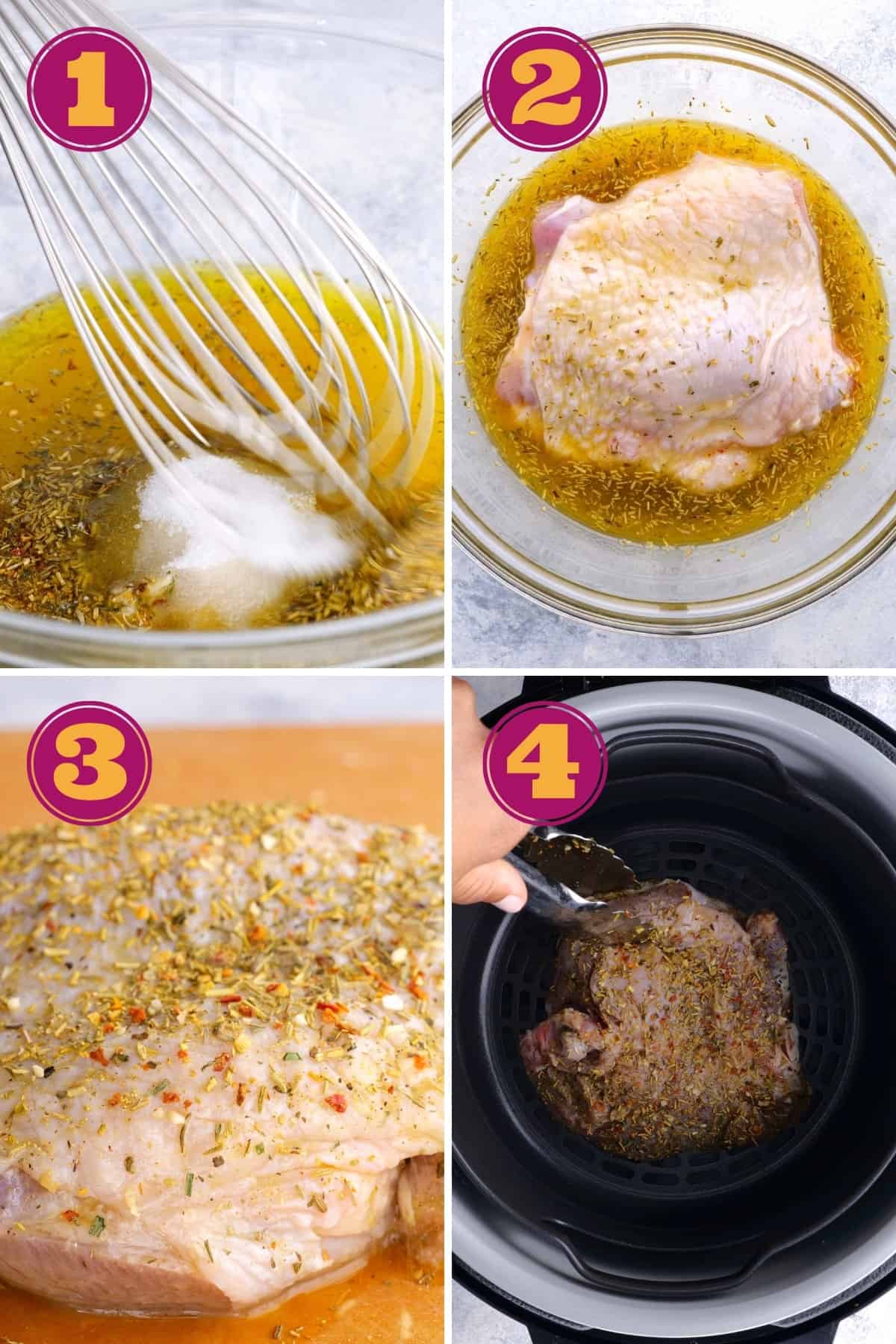 step-by-step instructions for how to make turkey thighs in an air fryer with homemade marinade
