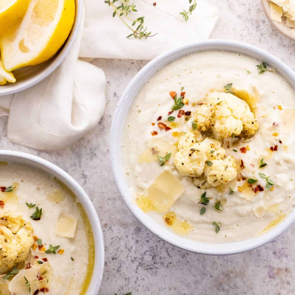 close-up shot od Cauliflower Soup on a large white bowl