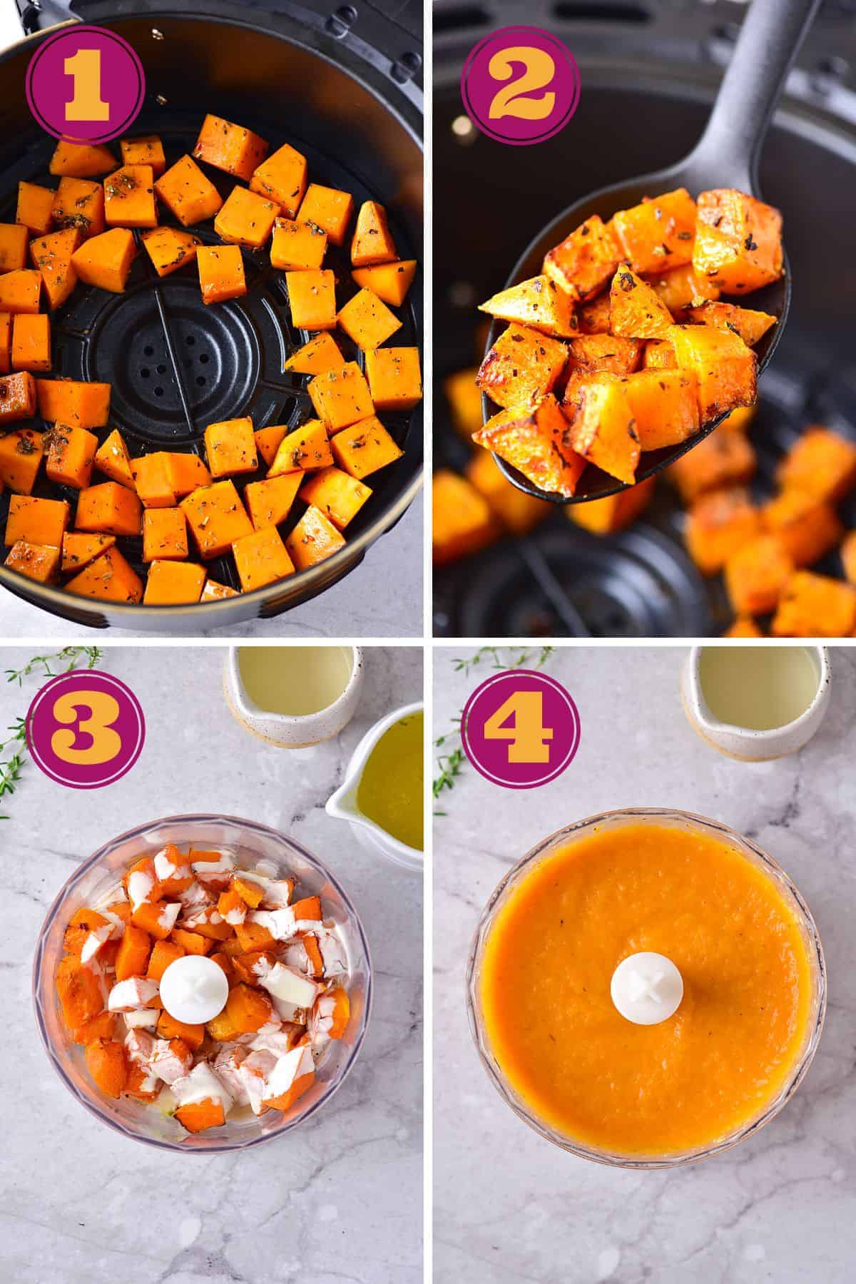 step-by-step instructions for how to make air fryer butternut squash soup with cream, butter, or coconut milk