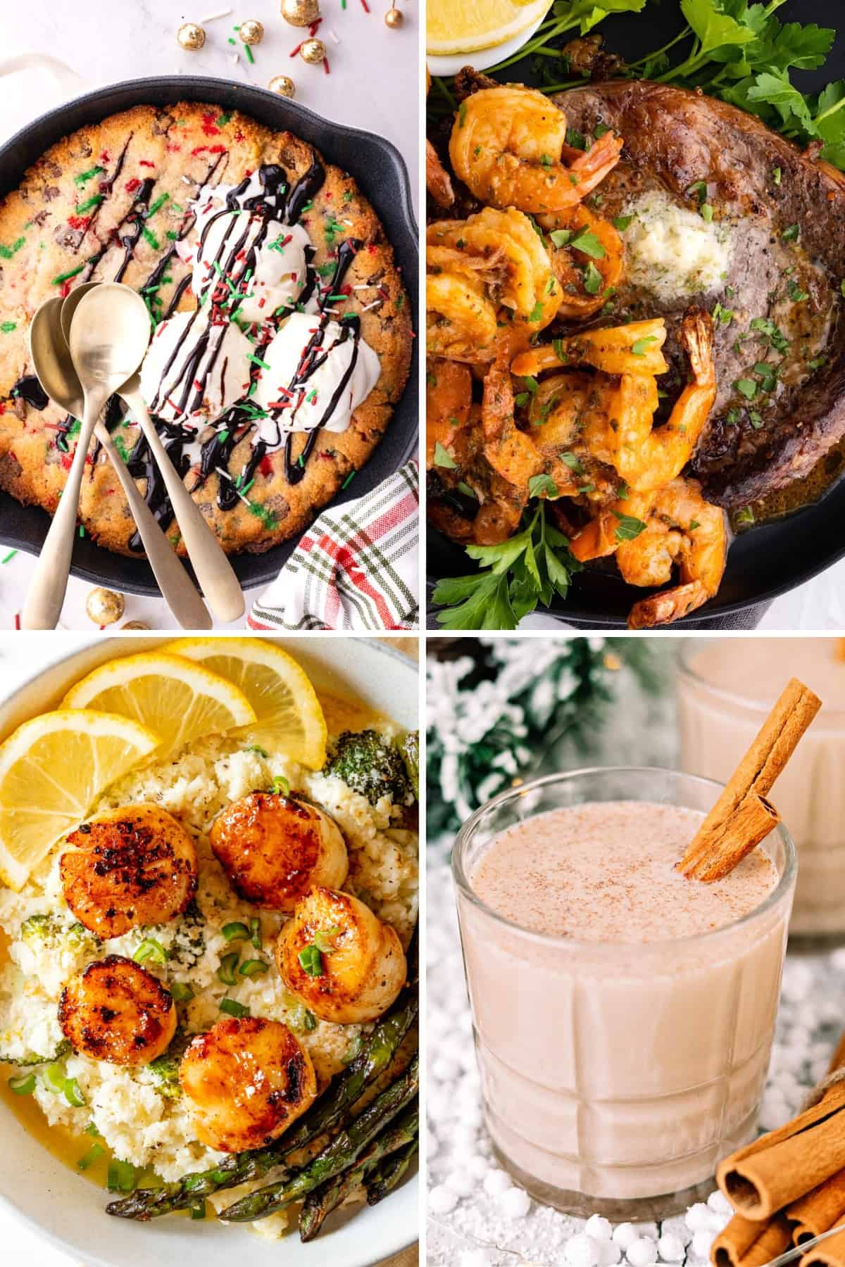 Keto Christmas dinner recipes like Keto Christmas skillet cookie, eggnog, and steak