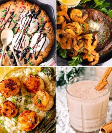collage of Keto Christmas dinner recipes like Keto Christmas Cookies, steak, and egg nog