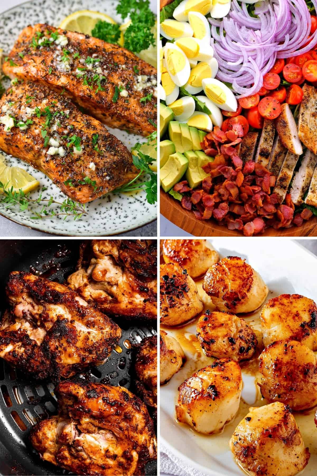 collage of whole30 dinner recipes like dry rub chicken thighs