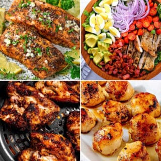 collage of whole30 dinner recipes like air fryer salmon and Cobb salad