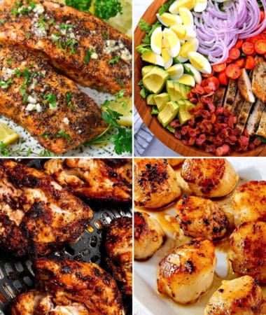 collage of whole30 dinner recipes like air fryer salmon and Cobb salad