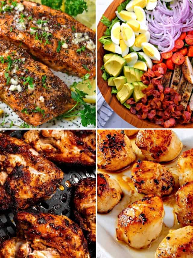 collage of whole30 dinner recipes like air fryer salmon and Cobb salad