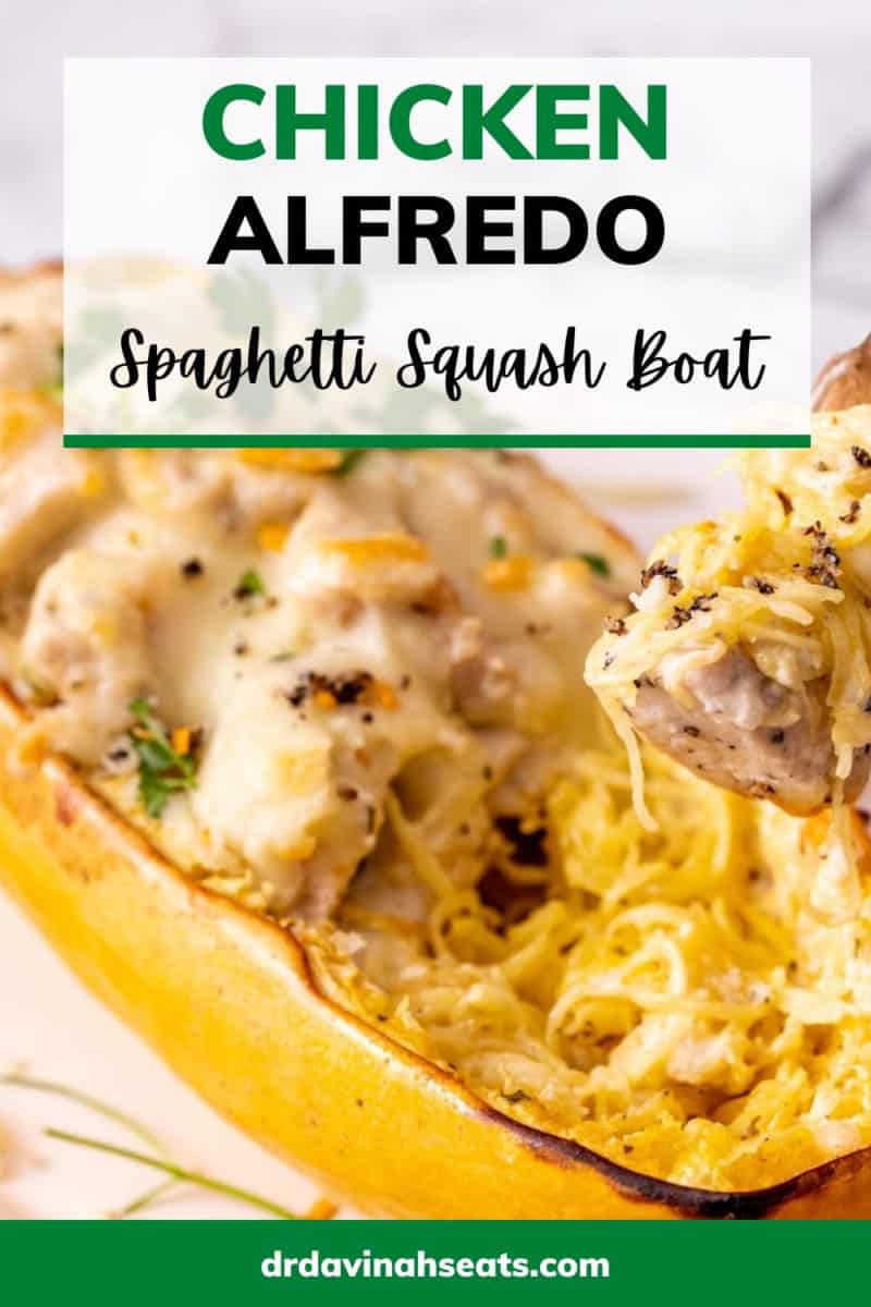 pinterest image for chicken alfredo stuffed spaghetti squash