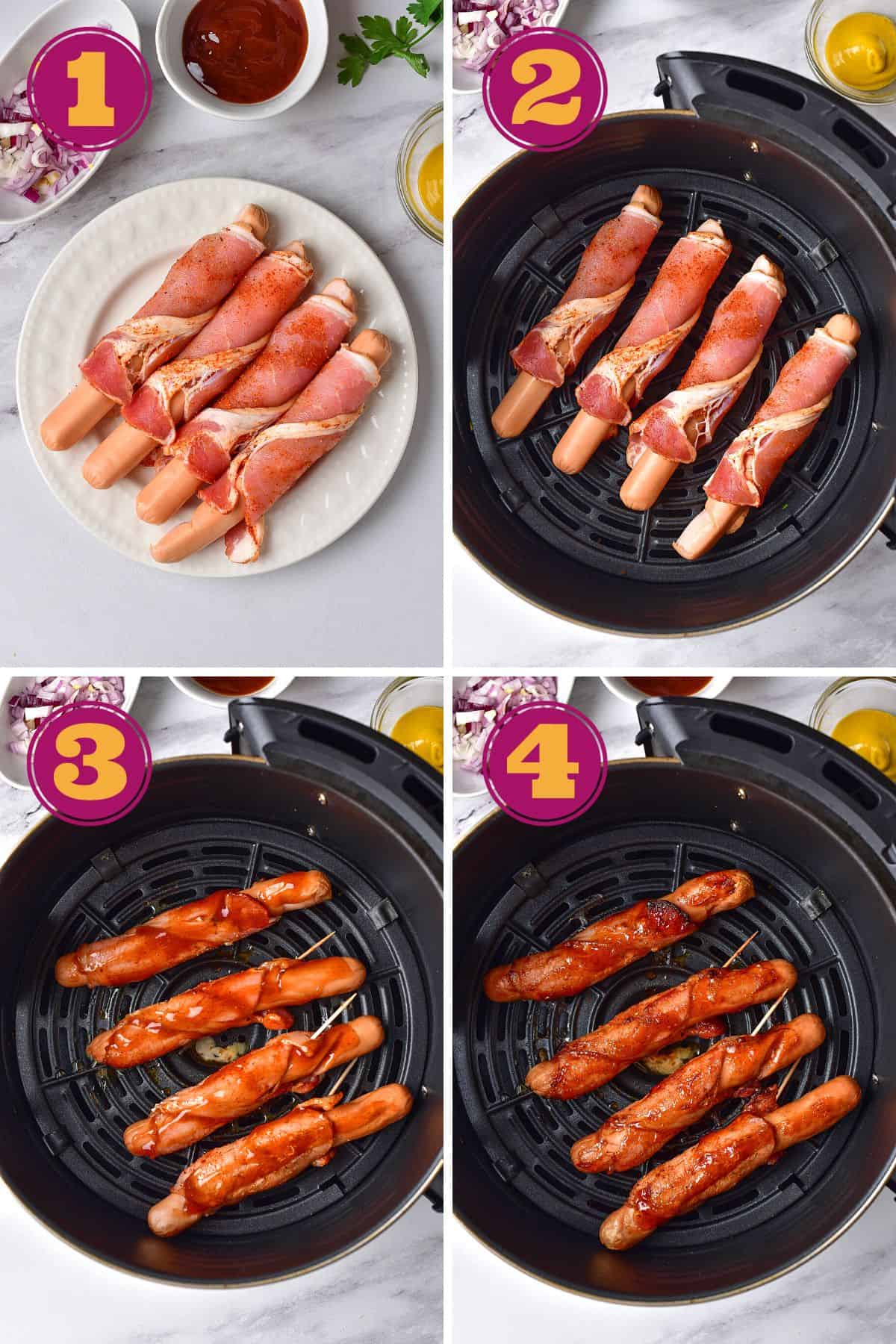 step-by-step instruction for how to make Bacon Wrapped Hot Dogs in an air fryer