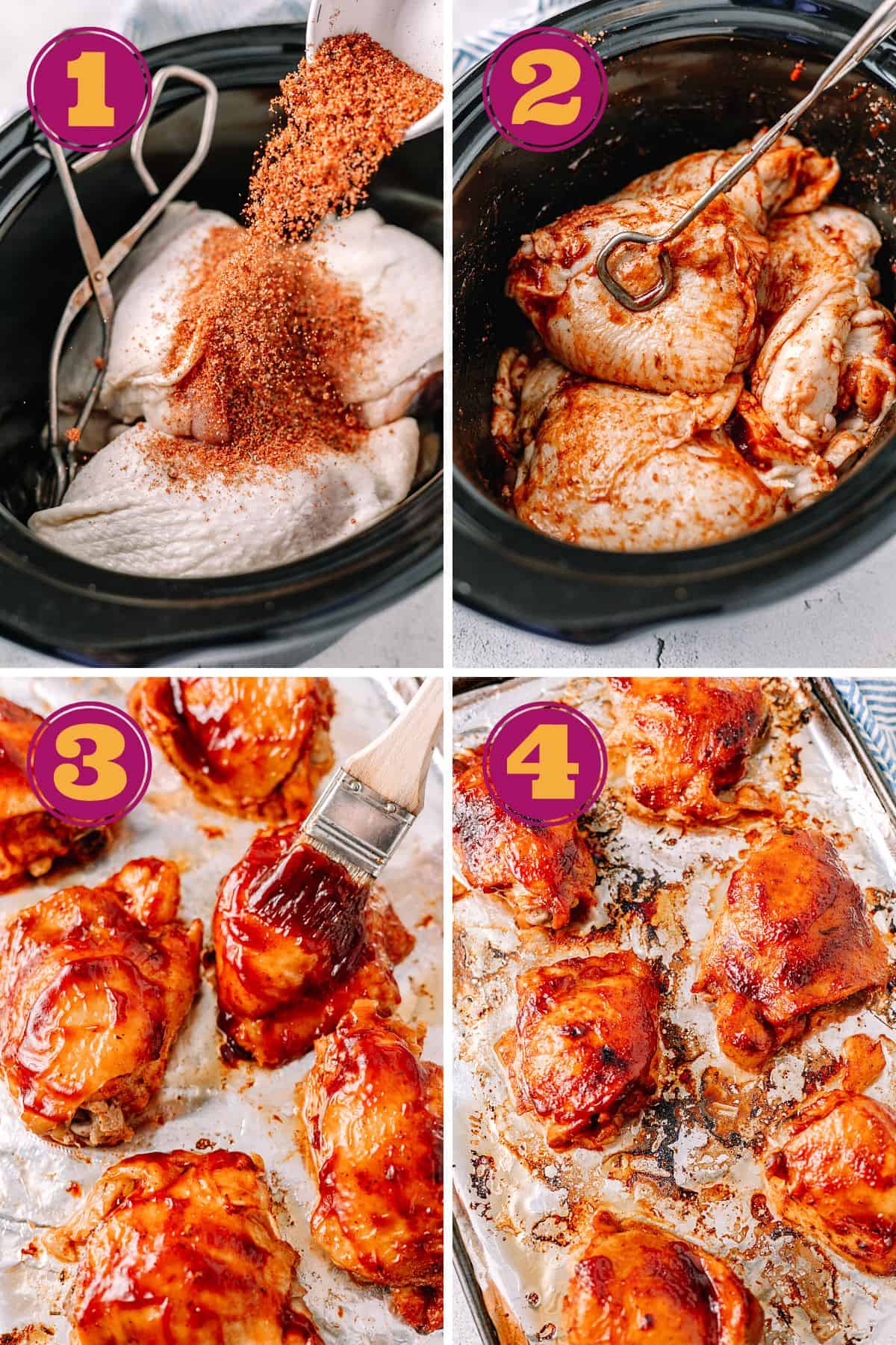 photo collage for how to make slow cooker Crockpot BBQ Chicken Thighs