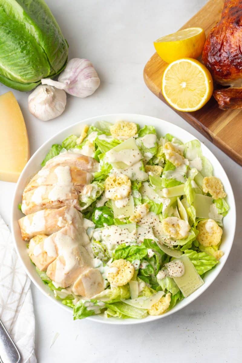 easy Chicken Caesar Salad in a large bowl