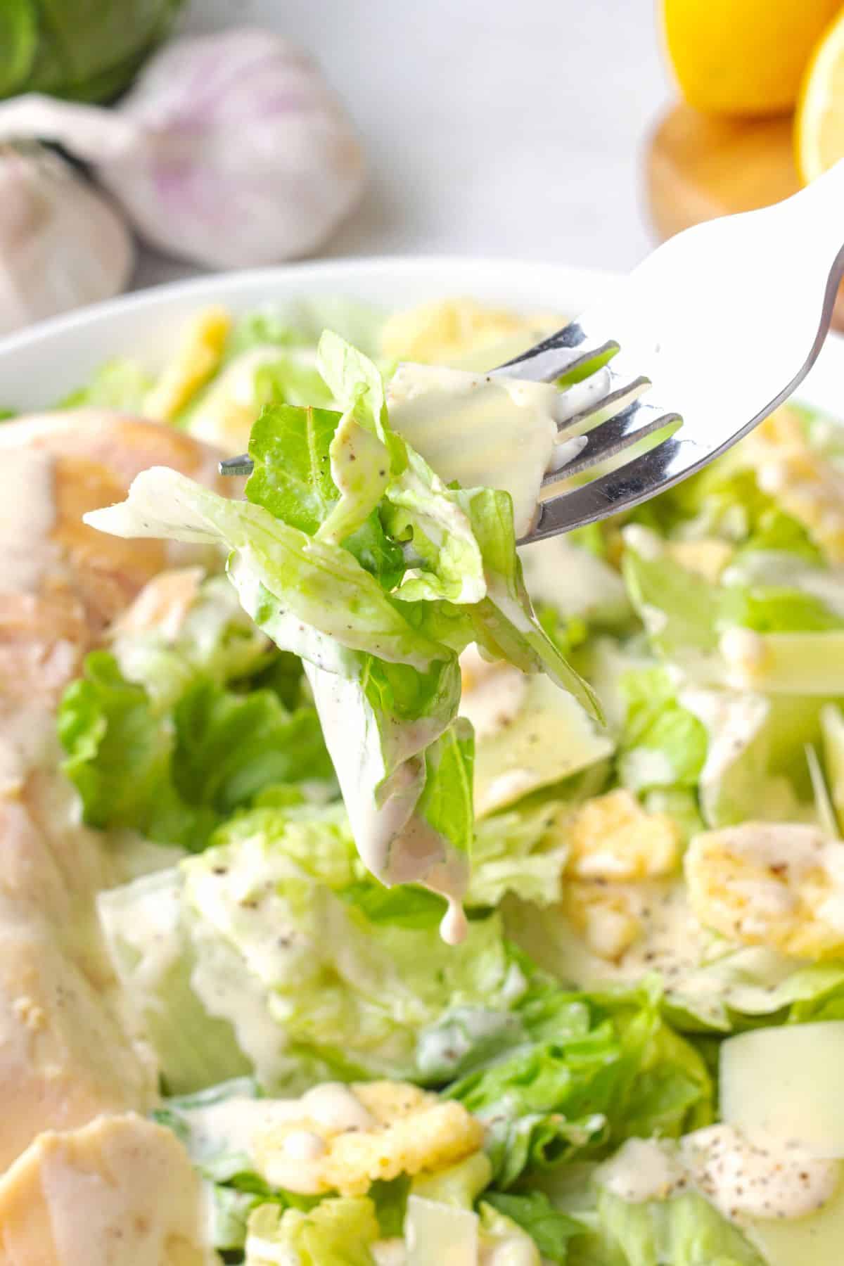 getting some Chicken Caesar Salad using a fork