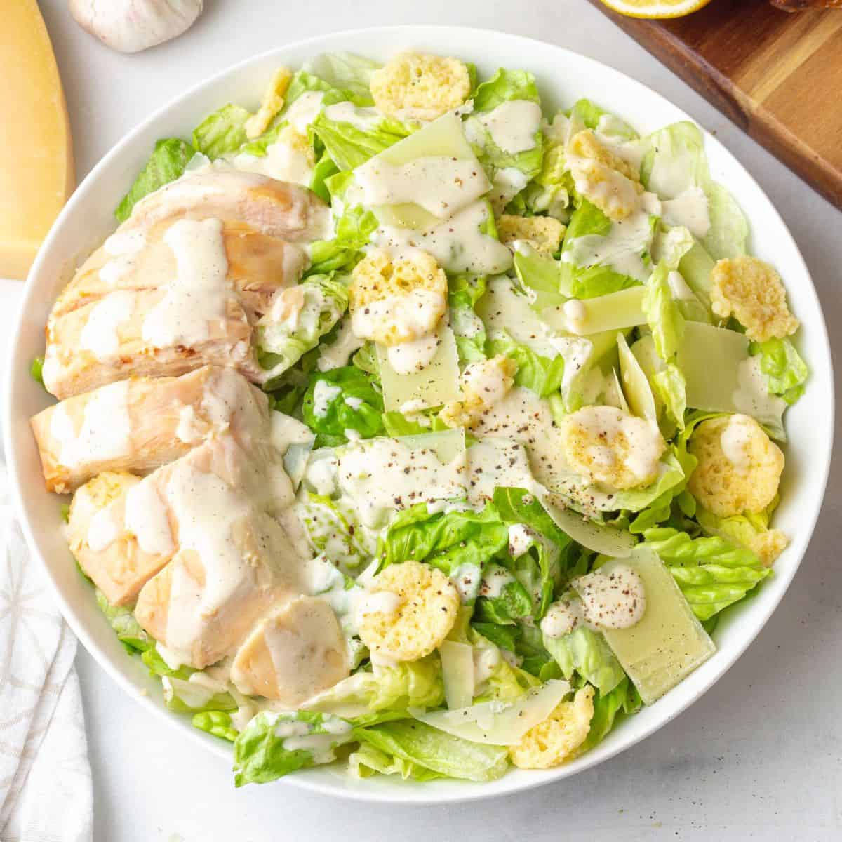 Keto Chicken Caesar Salad on a large bowl