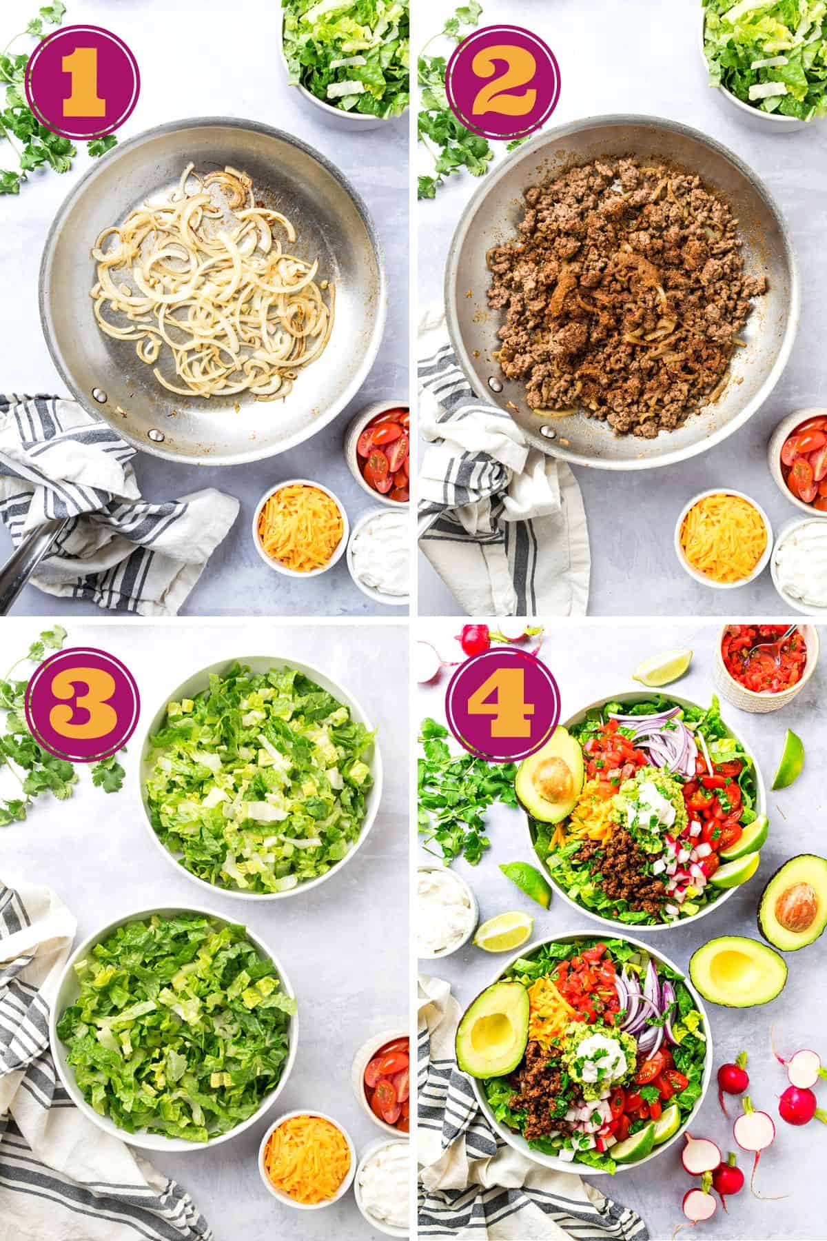 step-by-step instructions for how to make keto Taco Salad bowl with ground beef