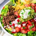 a close up of a taco salad bowl recipe