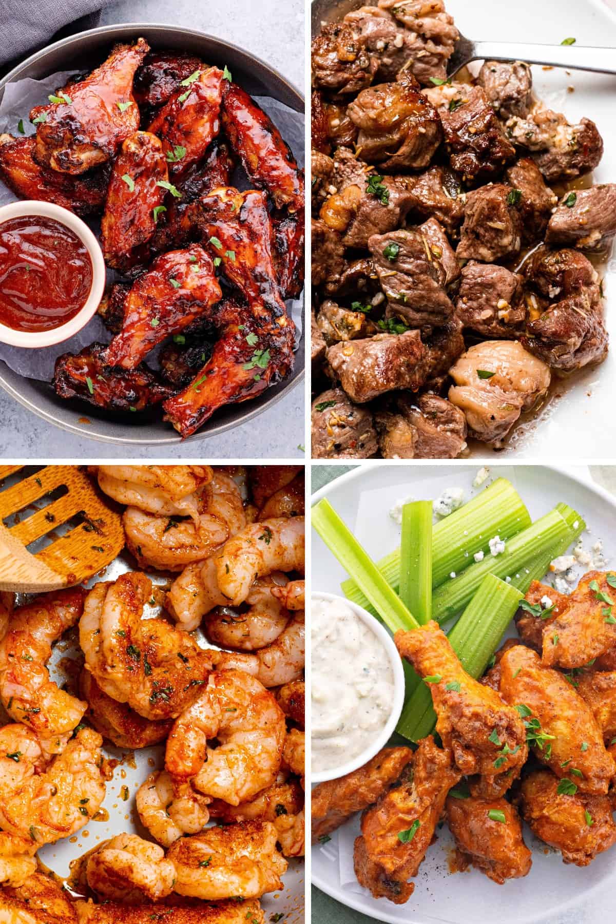 air fryer football food collage of chicken wings, shrimp, and steak bites