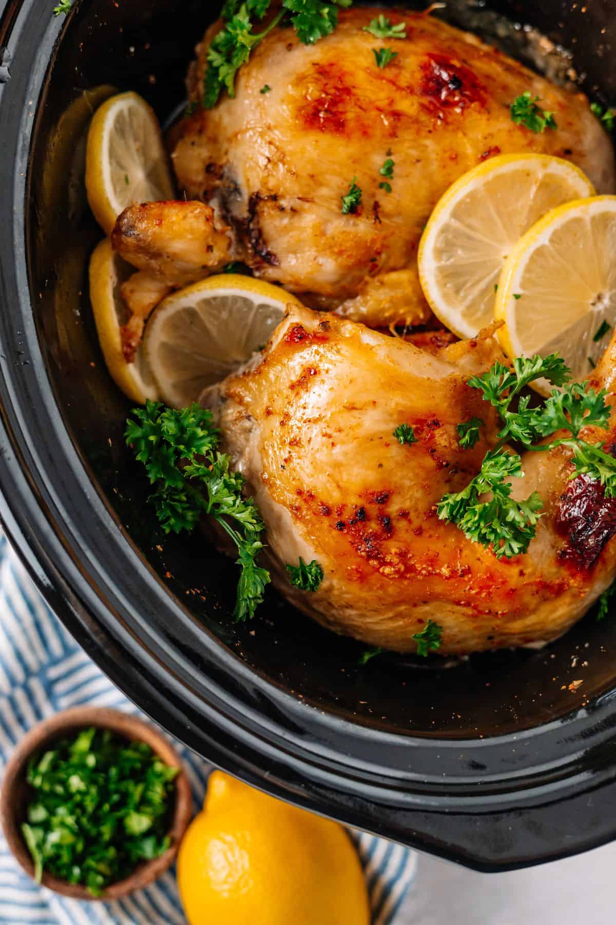 cooked Chicken Leg Quarters in a crockpot