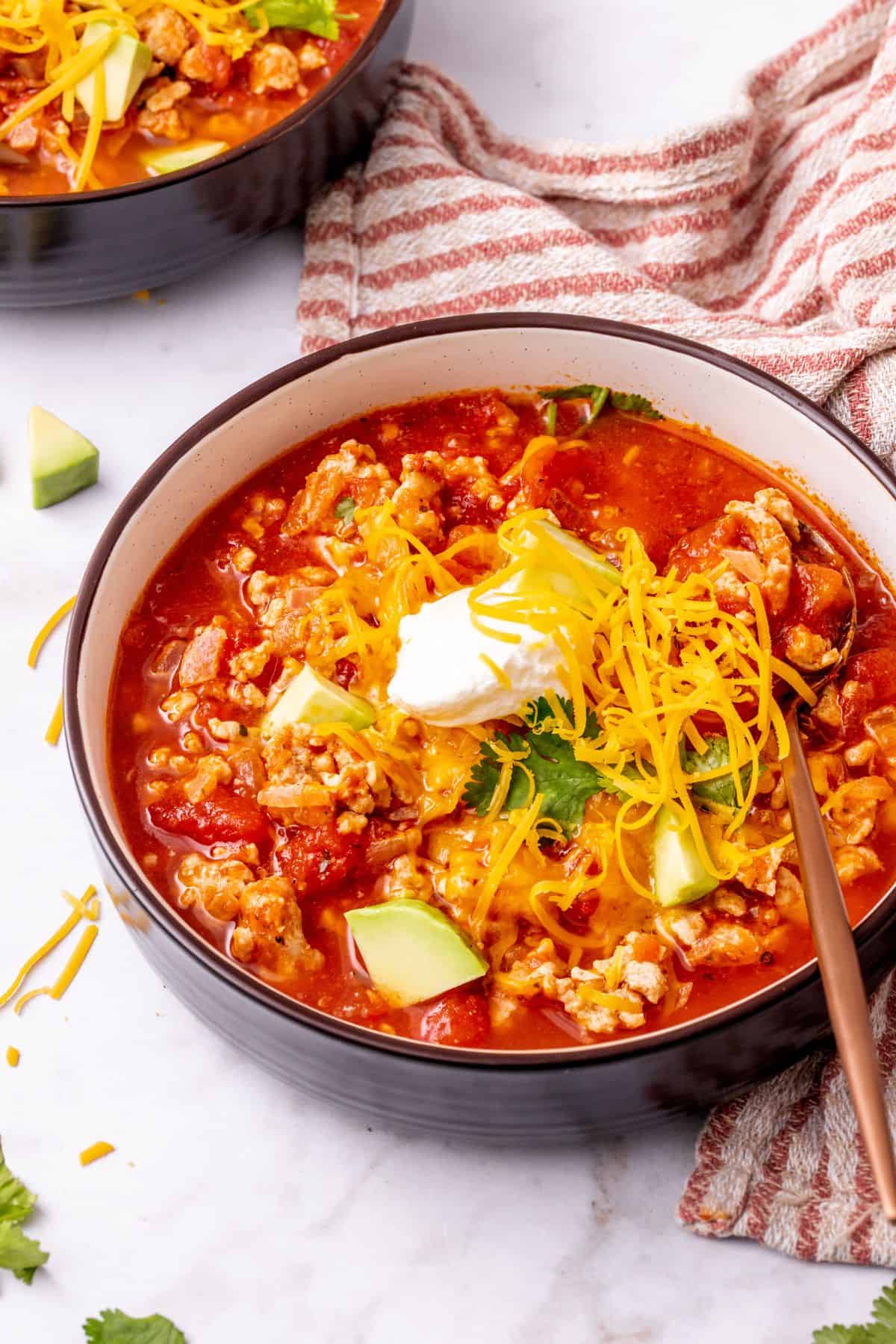 Ground Turkey keto Taco Soup in a large bowl