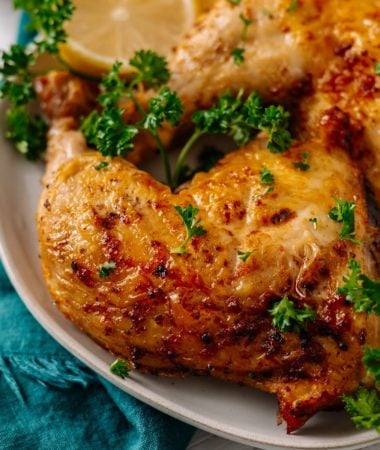 close up of Ninja Foodi air fryer chicken leg quarters on a plate