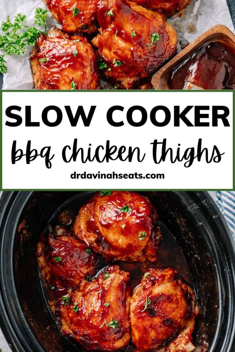 pinterest image for slow cooker bbq chicken thighs