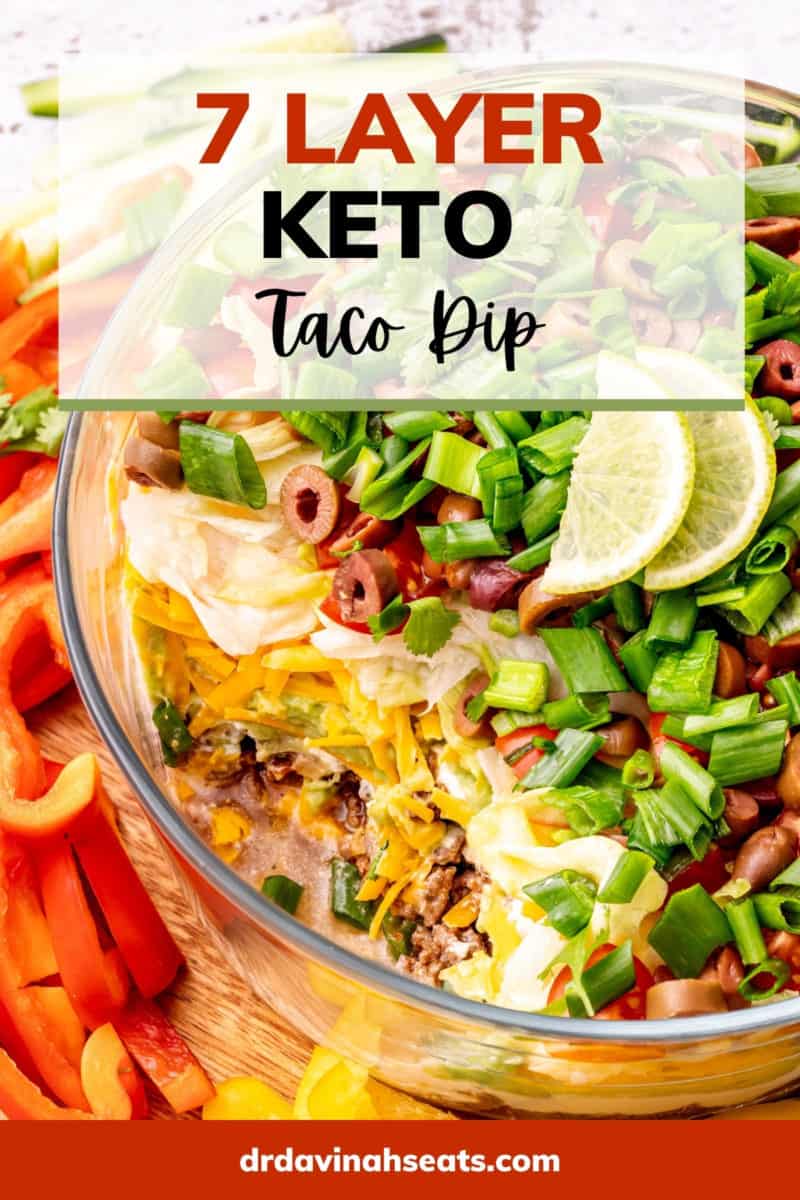 Overhead view of a serving dish of 7 layer dip, with some scoops taken out, topped with sliced limes, and a banner reading "7 layer keto taco dip"