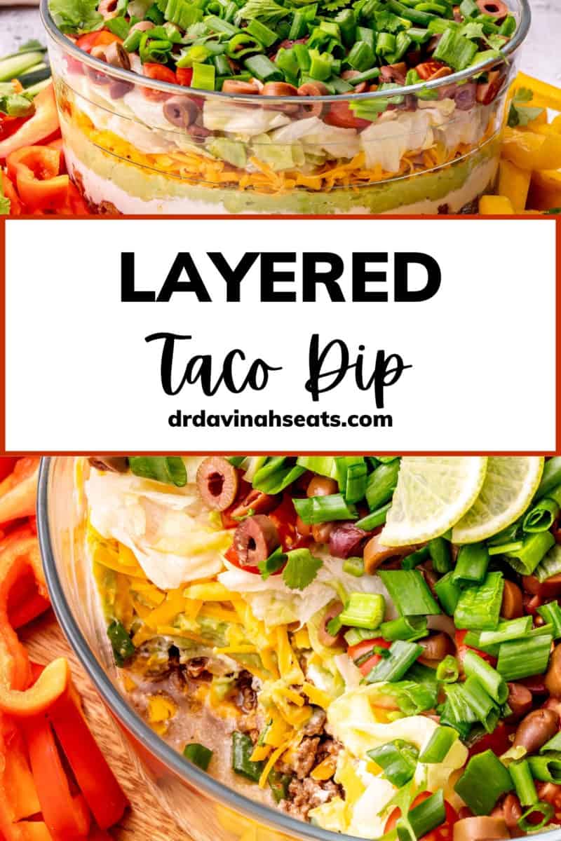 A poster with a side and overhead view of 7 layer dip, topped with lime slices, with a banner that reads "layered taco dip"