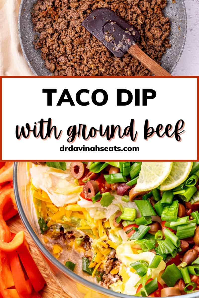 A poster with a picture of ground beef and a spatula in a skillet, and a picture of 7 layer dip with lime slices on top, with a banner that says "taco dip with ground beef"