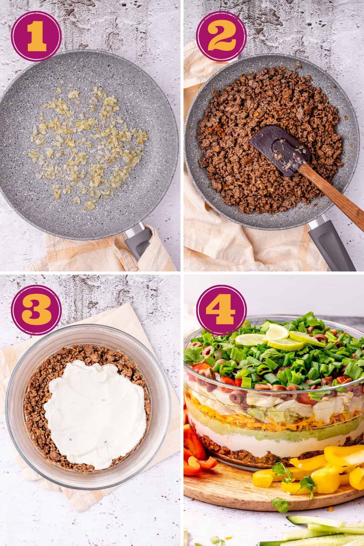 Four numbered pictures: first, a skillet with cooked onions in it, second a skillet with cooked ground beef and a spatula in it, third a serving bowl with a layer of ground beef topped with sour cream, and fourth, a glass serving dish of 7 layer dip topped with lime slices