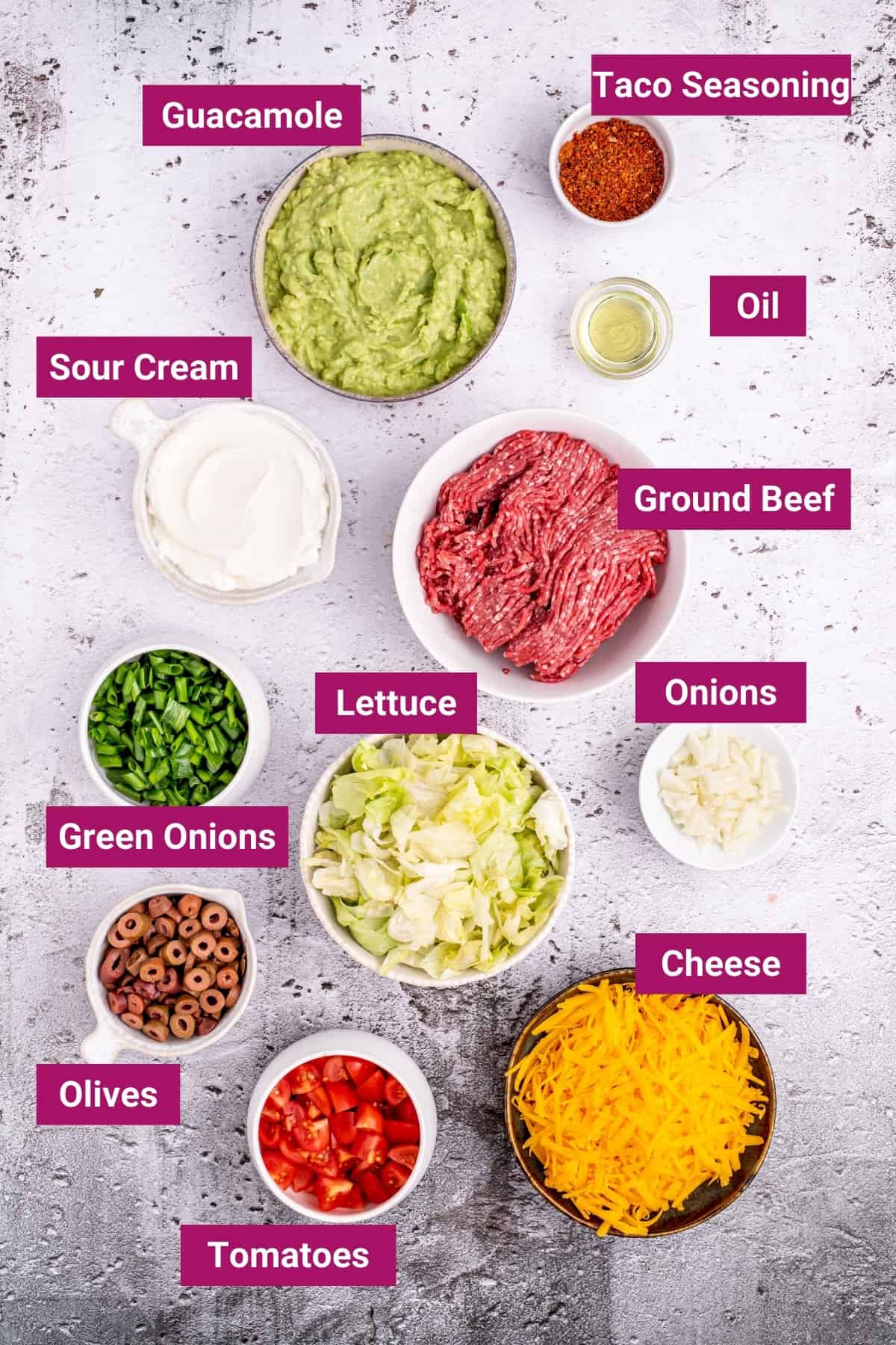 Overhead view of all the ingredients needed for 7 layer dip, labeled: guacamole, taco seasoning, sour cream, oil, ground beef, green onions, lettuce, onions, olives, tomatoes, and cheese